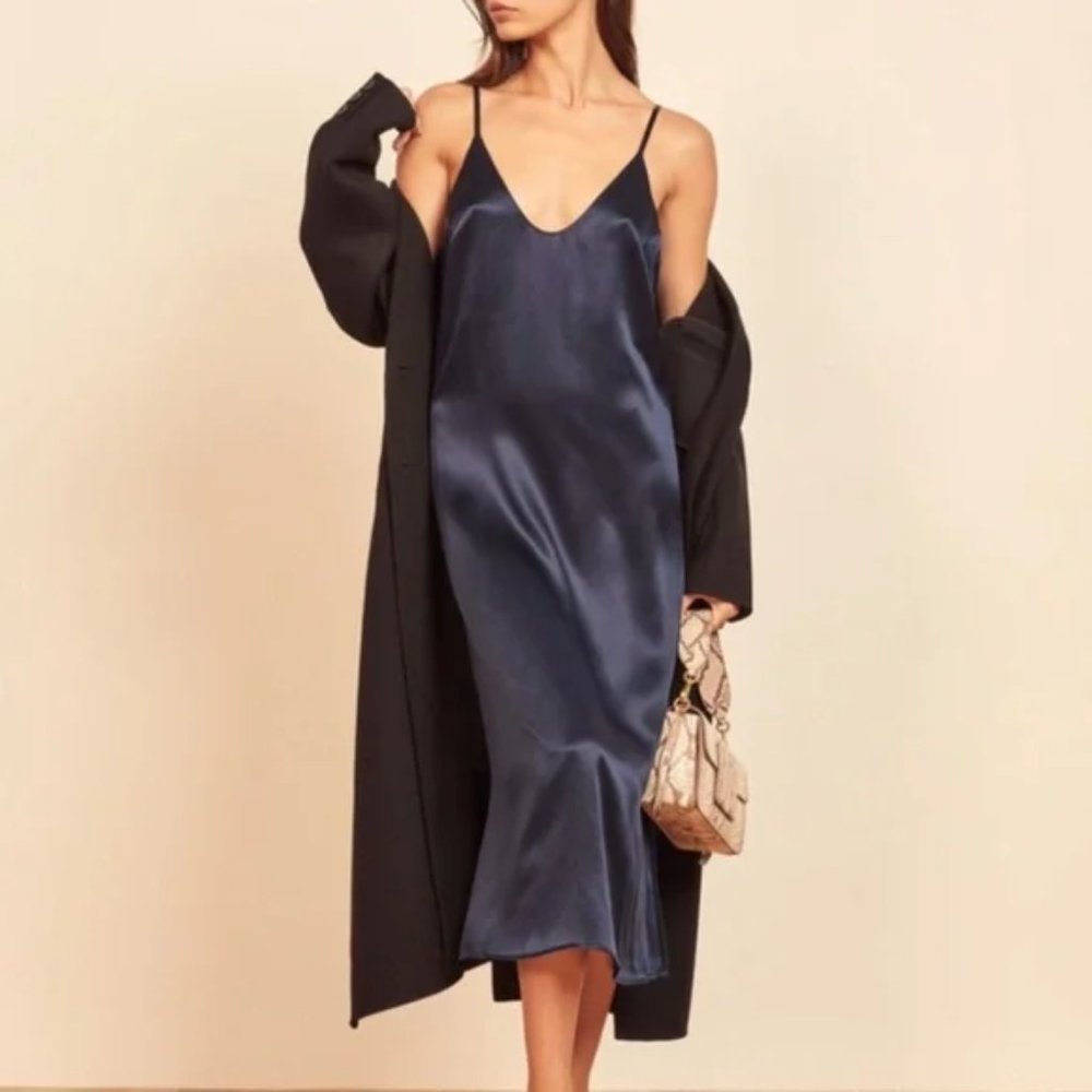 Reformation Satin Slip Midi Dress in Navy Blue